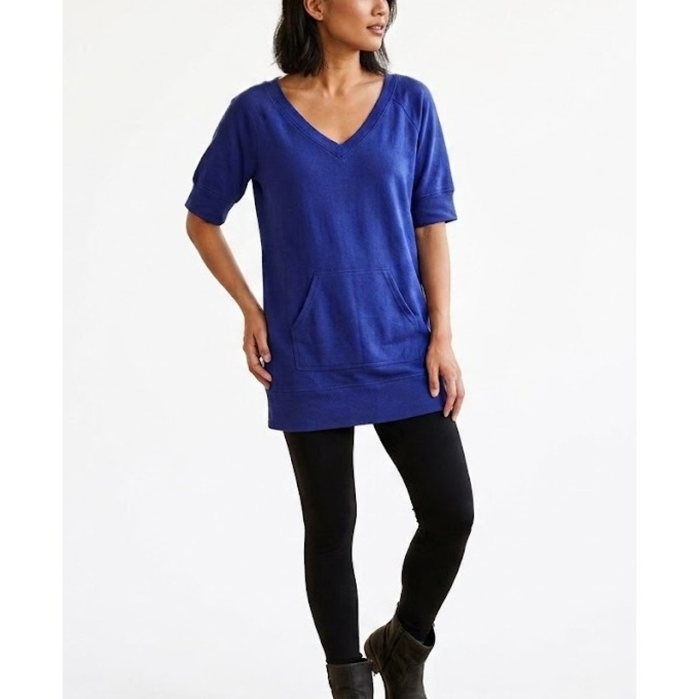 Norma Kamali Blue Short Sleeve Knit Front Pocket Tunic Large